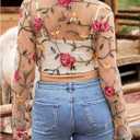 OYOANGLE Women's Floral Embroidered Sheer Bolero Open Front Crop Jackets Long Sleeve Mesh Summer Cardigan Tops (XL)