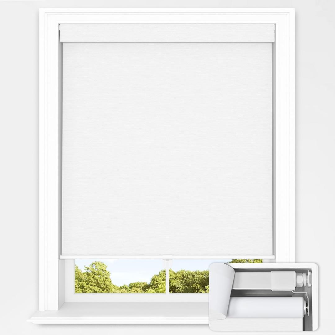 No Tools No Drill Cordless Blackout Roller Shades for Indoor Windows, Easy to Install, Darkens Rooms, Blocks Heat, and Protects Against UV Rays, Window Size 25” W × 48" H White