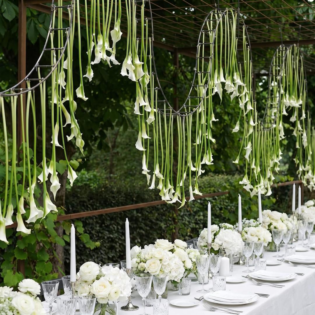 24 Pcs 9.84 ft White Calla Lily Hanging Artificial Flowers Faux Calla Lily | Hanging Flowers Fake Floral Garland, Pre-assembled with Clear Fishing Line, Bride Shower, DIY Wedding Arch Decor, Tall Vases