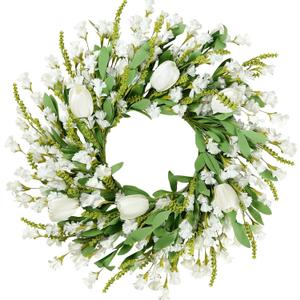 Sggvecsy Spring Summer Wreath for Front Door 22 Inch Artificial White Flower with White Tulips Greenery Leaves Lavender for All Seasons Home Farmhouse Indoor Outdoor Wall Decor