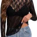 Womens Lace Mesh Long Sleeve Top Floral Sheer See Through Sexy Tops Mock Neck Shirts Party Club Night Blouses, Size XL