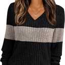 AUTOMET Womens V Neck Long Sleeve Shirt Fall Fashion Tops Tunic Dressy Casual Sweater Clothes Cute Trendy Work Outfits 2025 (Large, Black Coffee Block)
