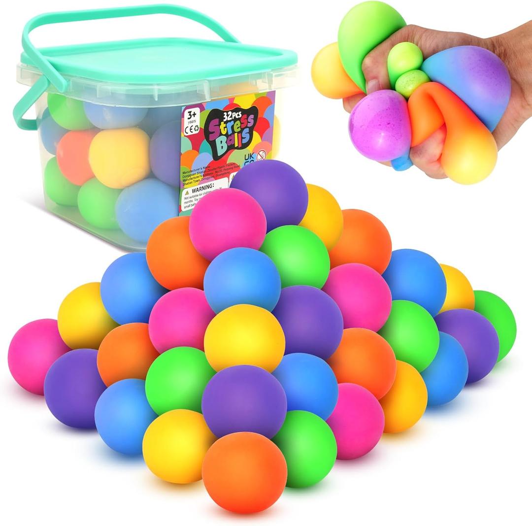 KLT Stress Balls Bulk for Kids and Adults: 32 Pack Mini Squishy Ball for Anxiety Relief - Color Changing Sensory Fidget Toy for Autism Kids Calming - Small Prizes for Student Classroom (1.8")