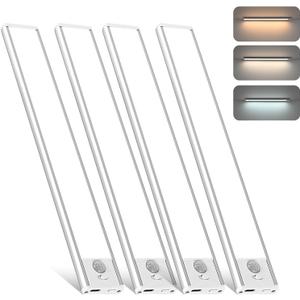 4-Pack Pro Magnetic Motion Sensor LED Under Cabinet Lights, USB-C Fast Charging Wireless Bar Lighting with 3 Adjustable Color Temps & Dimmable Brightness, Peel-and-Stick for Kitchen, Staircase, Closet