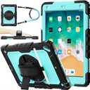 SEYMAC stock Case for iPad 6th / 5th Generation Case/Air 2 / Pro 9.7 inch, Heavy Duty Protective with Screen Protector, with Pencil Holder, Hand Strap, Shoulder Strap, 360 Rotate Stand, SkyBlue+Black