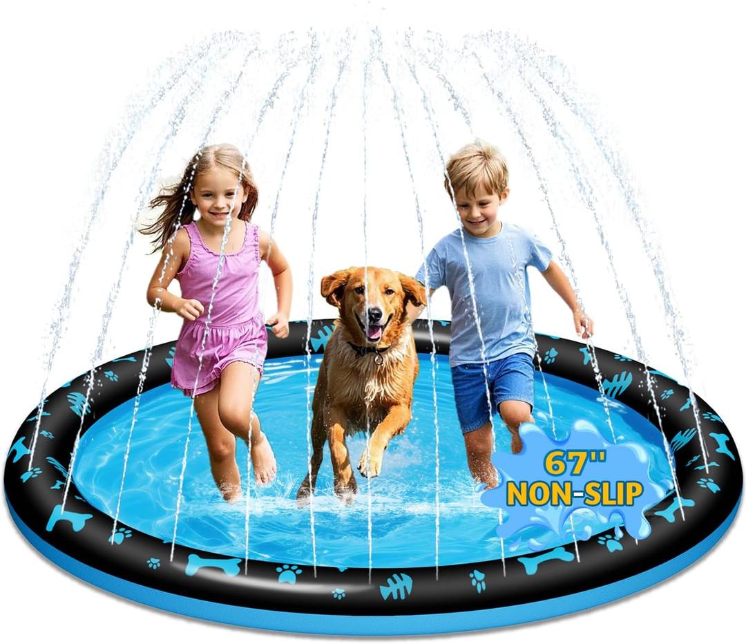 67" Dog Splash Pad, Heavy Duty Non-Slip Sprinkler Play Mat, Summer Outdoor Water Toys for Toddlers 1-3 & Kids 4-8