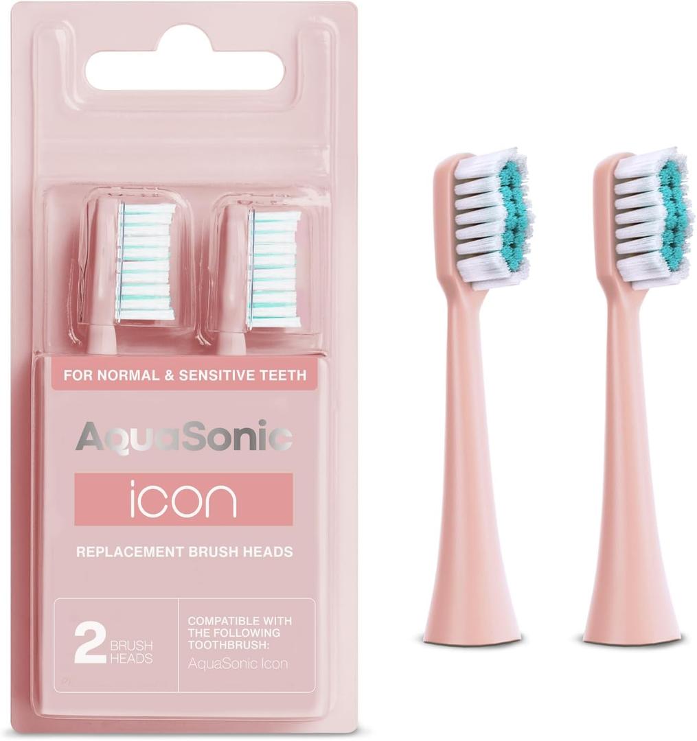 AquaSonic Genuine Icon Replacement Brush Heads | Compatible with AquaSonic Icon Toothbrush | 2 Brush Heads | for Normal & Sensitive Teeth (Blush)