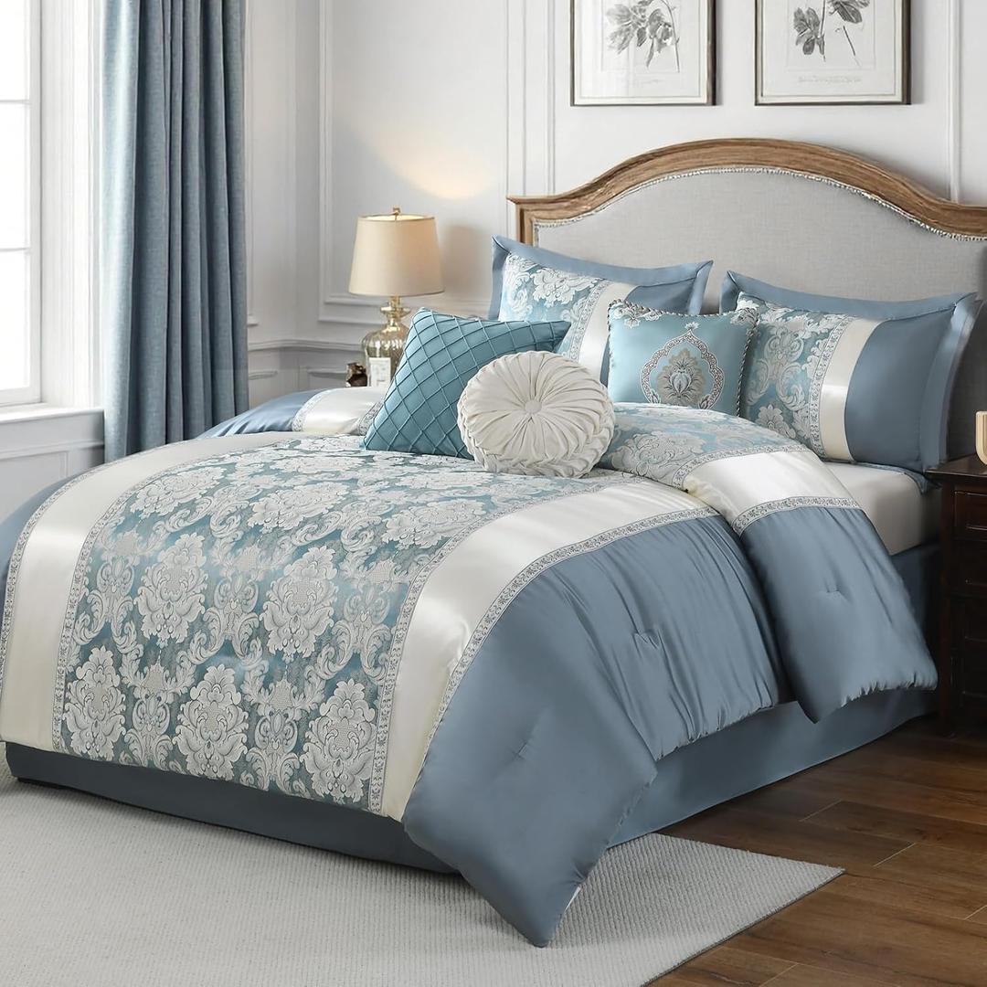 CozyDH Jacquard Queen Comforter Set, Blue White - Luxury 7Pc Bed in a Bag