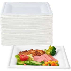 ECOLipak 150 Piecs Square Paper Plates, 8-inch Compostable Disposable Plates, Eco-friendly Heavy Duty Biodegradable Sugarcane Plates for Party Dinner Birthday (White-8 inch)