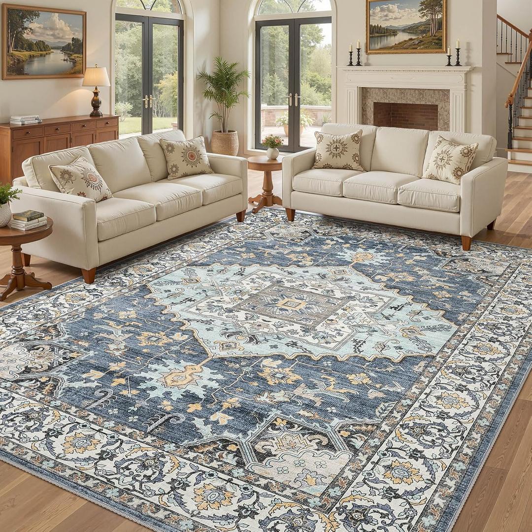 10x14 Washable Area Rugs for Living Room: Non Slip Vintage Blue Yellow Rug, Large Soft Stain Resistant Indoor Floor Carpets for Bedroom Dining Room Nursery Home Office Kid & Pet Friendly