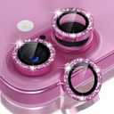 Choiche Compatible for iPhone 16 /iPhone 16 Plus Camera Lens Protector Bling, 9H Tempered Glass Camera Cover Screen Protector Metal Ring Decoration Accessories(Glitter-Pink)