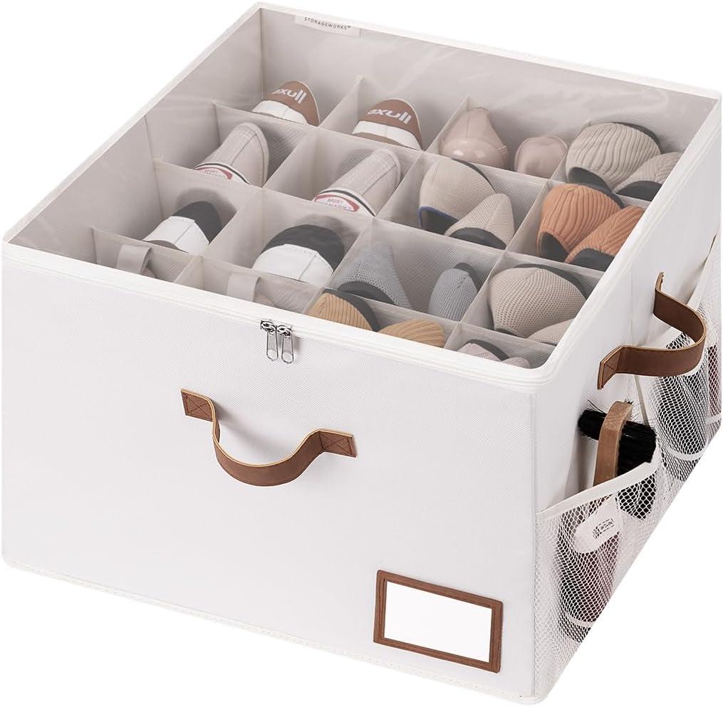 StorageWorks Shoe Organizer for Closet, Shoe Storage Bins with Clear Lid, Fabric Shoe Boxes with Side Mesh Pockets, Closet and Storage Bins for Slippers and Flats, Holds Up to 16 Pairs, Beige