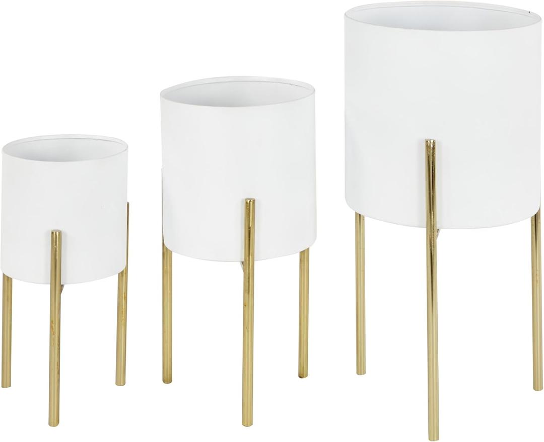 Deco 79 Metal Indoor Outdoor Planter Large Planter Pot with Removable Gold Stand, Set of 3 Planters 18", 14", 12"H, White