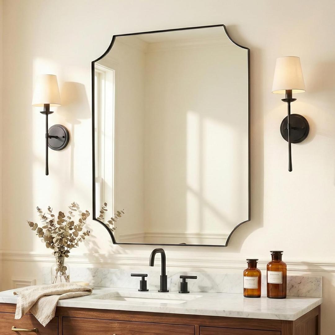 ANDY STAR 24x36 Inch Black Mirror, Matte Black Scalloped Wall Mirror, Modern Black Framed Mirror with Sophisticated Scalloped Design, Glass Panel Wall-Mounted Mirror Hangs Vertical or Horizontal