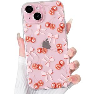 NITITOP Compatible with iPhone 15 Plus Case Cute Clear Cherry Bowknot Design for Women Girls Bow Ribbon Soft Fit Slim Stylish Anti Yellowing Protective Phone Cover - Light Pink