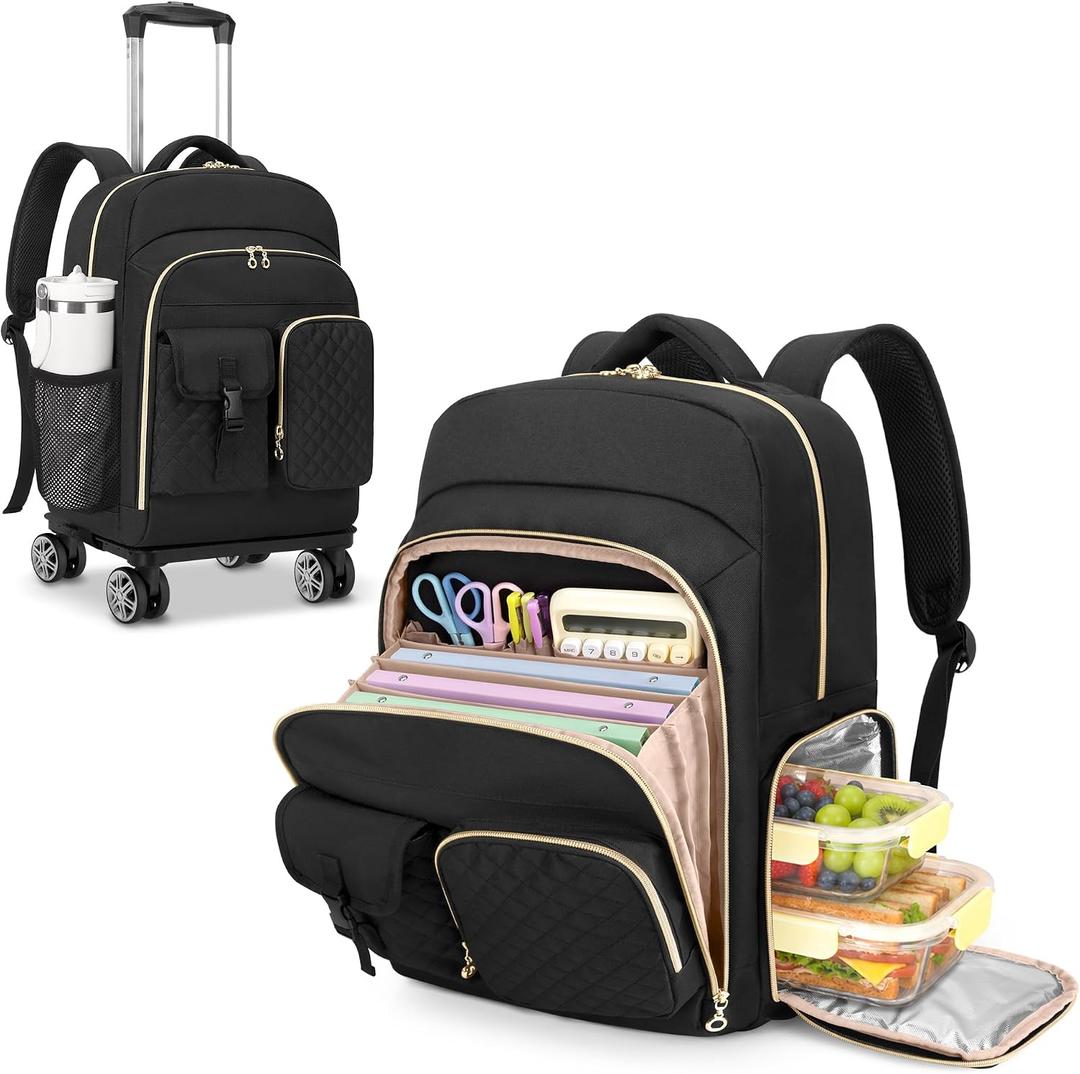 LUXJA Rolling Teacher Bag with Insulated Lunch Compartment, Black, 13" x 6.5" x 17"