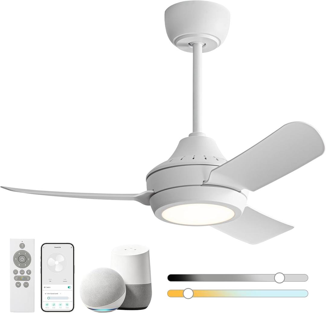 36 Inch Ceiling Fans with Lights,Ceiling Fan with Light and Remote Control Smart Ceiling Fan,Noiseless Reversible DC Motor,3 Blade Ceiling Fans 6-Speed 3 CCT,Ceiling Fan for Indoor/Outdoor, 36inch white