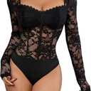 OYOANGLE Women's Lace Sheer Long Sleeve Corset Bodysuit Sweetheart Neck Party Club Leotard (Large, Black)