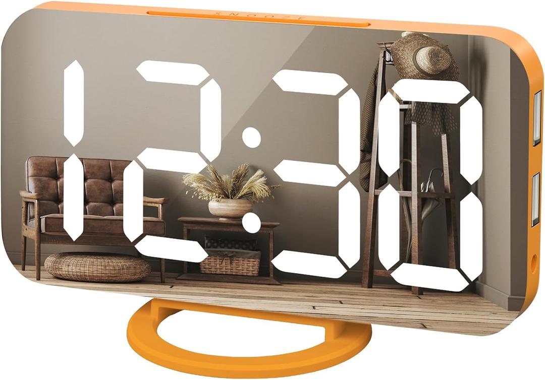 WulaWindy Digital Alarm Clock, Large Mirrored LED Display, with USB Charger, Snooze Function Dim Mode Wall Hanging Beside Desk Clock for Bedroom (Orange)