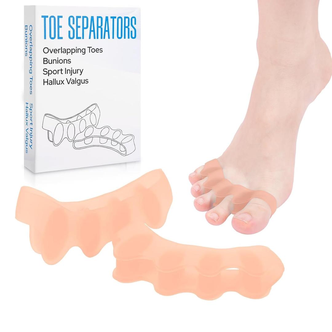 KTSAY Silicone Toe Separators for Women & Men - Toe Spacers for Bunion Relief, Hammer Toe, Plantar Fasciitis & Pedicures | Includes Metatarsal Pad & Therapeutic Yoga Cushion for Foot Pain (2, Beige)