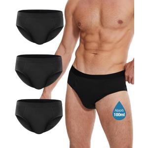 YESWEL Incontinence Underwear for Men, Washable Leak-Proof Reusable Heavy Flow, Cotton Briefs, 3 Pack (Black, Large)