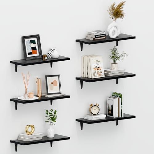 SKYSEN Floating Shelves for Wall Set of 6, 15.7in Wood Wall Shelf for Decor, Bathroom, Bedroom, Storage, Book,Kitchen, Living Room - Black(fs-40-b)