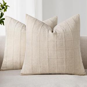 Woaboy Linen Check Throw Pillow Covers Set of 2 - Natural Beige Farmhouse Modern Boho Vintage Decorative Cushion Covers for Sofa Couch Bedroom Living Room Decor 18x18 Inch