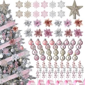 Realspring 91 Pcs Christmas Tree Ornaments Set, Hanging Christmas Balls Poinsettia Flowers Snowflakes Berries Star Topper Pine Needles with Ribbons for Holiday Xmas Home Decoration(Pink Series)