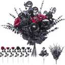 18 Pcs Halloween Flowers Bouquet with 28 Black Eucalyptus Stems and 2 Realistic Pumpkin Stems, Blood Black Red Silk Gothic Rose for DIY Haunted House Decor, Witchy Centerpiece