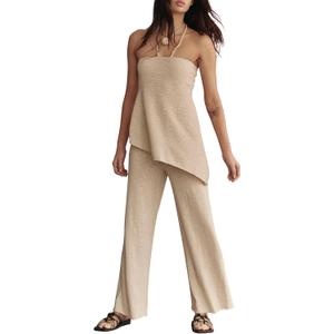 TERIVEEK Summer Knit Sweater Sets for Women 2 Piece Vacation Outfits Strapless Tube Top and Pants Sets Matching Lounge Set (Beige, L)