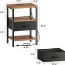 SUPERJARE Nightstand Set of 2, Bed Side Tables with Charging Station, Adjustable Fabric Drawer, Night Stand for Bedroom, 3-Tier Storage End Tables, for Living Room, Rustic Brown and Black