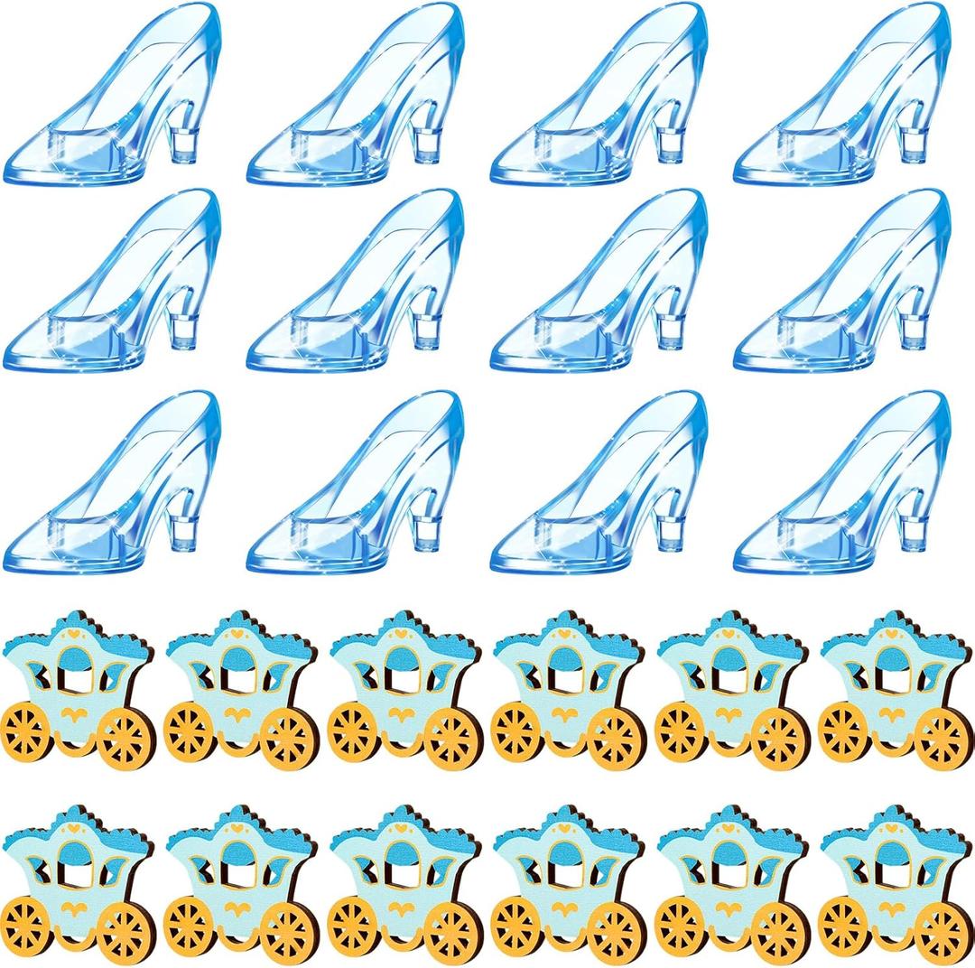 Yuntau 24 Pcs Blue Princess Party Decoration Mini Plastic Glass Slipper Princess Carriage Centerpiece 3.8 Inch Glass Heel for Baby Shower Wedding Birthday Party Supplies Table Decor