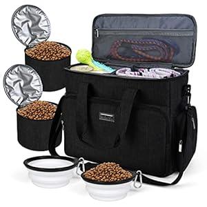BAGLHER Dog Travel Bag, Airline Approved Pet Tote Organizer with Multi-Function Pockets, 2X Food Storage Containers and 2X Collapsible Dog Bowls, Perfect Weekend Pet Travel Set for Dog, Cat Black