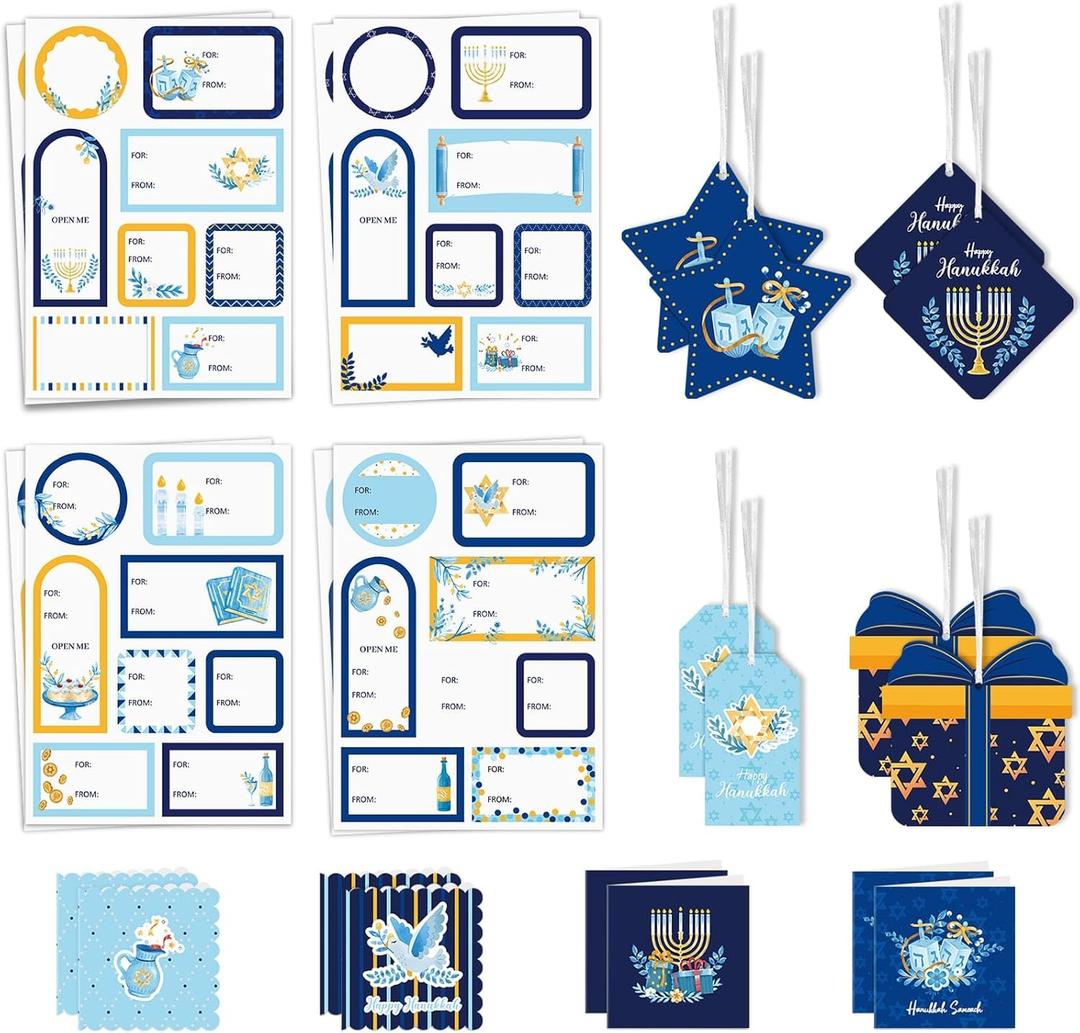 WERNNSAI Hanukkah Holiday Gift Tags - 24PCS Blue Themed Gift Wrapping Tags with Ribbon, Sticker Seals, and Mini Notecards (Star of David, Menorah, Dreidel) for Gift Bags and Wrapped Presents