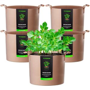 VIVOSUN 5-Pack 25 Gallons Grow Bags Heavy Duty Thickened Nonwoven Fabric Pots with Strap Handles Tan