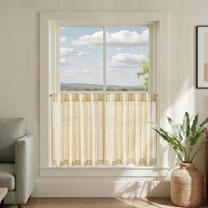 jinchan Striped Linen Kitchen Curtains 24 Inches Tier Curtains Farmhouse Modern Cafe Style Small Window Treatments Airy Light Filtering Rod Pocket for Living Room Bathroom 2 Panels Mustard Yellow