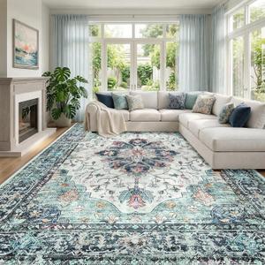 RELEANY Washable Area Rug, Large 9'x12', Teal Green/White/Navy