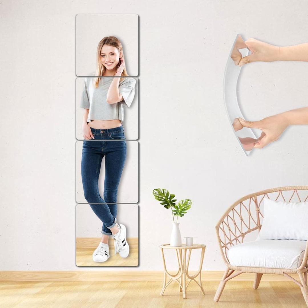 Unbreakable Small Wall Mirror Tiles, 4Pcs 10x10 Inch Wall Mirrors Decorative Adhesive Plastic Mirror for Classroom,Peel and Stick On Mirrors for Walls, Toddler Kids Shatterproof for Walls Decor