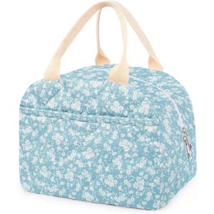 Cotton Quilted Insulated Lunch Bag, Cute Quilted Floral Lunch Tote Bags Reusable Insulated Lunch Box Coquette Aesthetic Large Capacity Insulated Cooler for Women Work Travel Picnic (Light Blue)