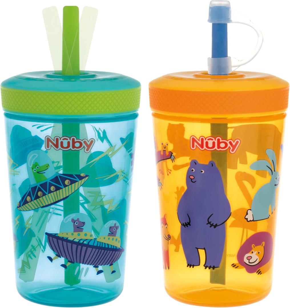 Nuby Thirsty Kids Super Sipper No-Spill Toddler Cup with 360 Silicone Valve & Swivel Straw - (2 Pack) 14 oz - Leak-Resistant with Easy Clean Design - Animals & Space