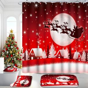 Poedist Christmas Bathroom Set Decor,Christmas Shower Curtain Sets with Rugs(Bath Mat,U Shape & Toilet Lid Cover Mat),with 12 Hooks,Red Reindeer