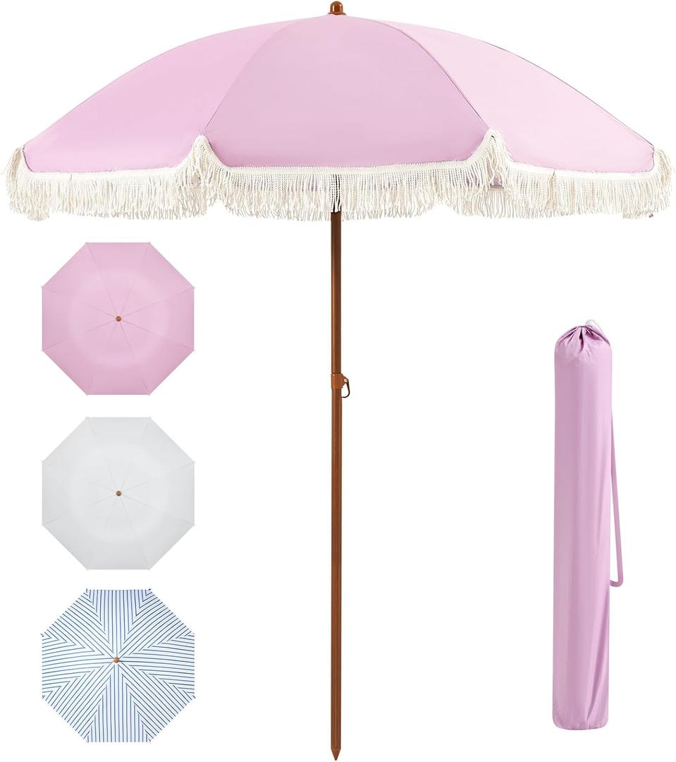 Aoxun 7ft Patio Umbrella with Fringe Outdoor UV 50+ Protection Picnic Umbrella with Aluminum Pole, Ribs Push Button Tilt and Carry Bag, Pink