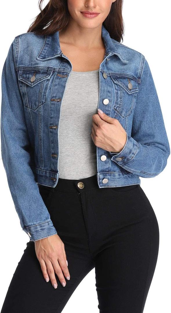 andy & natalie Women's Denim Jackets Cropped Long Sleeve Basic Button Down Crop Jean Shacket with Pockets (Large, Blue)