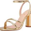 RIBONGZ Block Heels Prom Heeled Sandals for Women Chunky Square Open Toe Strappy High Heels Ankle Strap Wedding Bridal Shoes High Heel Sandals for Party Dress (Gold) Size 7