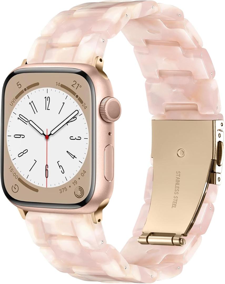 Lerobo Resin Watch Band Compatible with Apple Watch Series 11/10 38mm 40mm 41mm 42mm for Women Men, Tortoise Bracelet Lightweight Strap for iWatch (Floral Pink-Rose Gold)