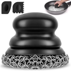 Onewly Cast Iron Scrubber and Scraper, Chain Mail Scrubber Cast Iron for Cleaning Dishes, Stock Pots, Pans, Griddles, Grills, Dish Scouring Pads