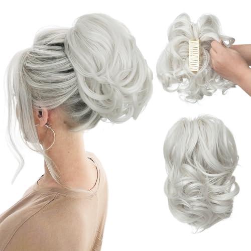 CJL HAIR Claw Clip Short Ponytail Hair Extensions DIY Bendable Metals Messy Bun Hair Piece for Women Wavy Curly Synthetic Fake Hairpieces White