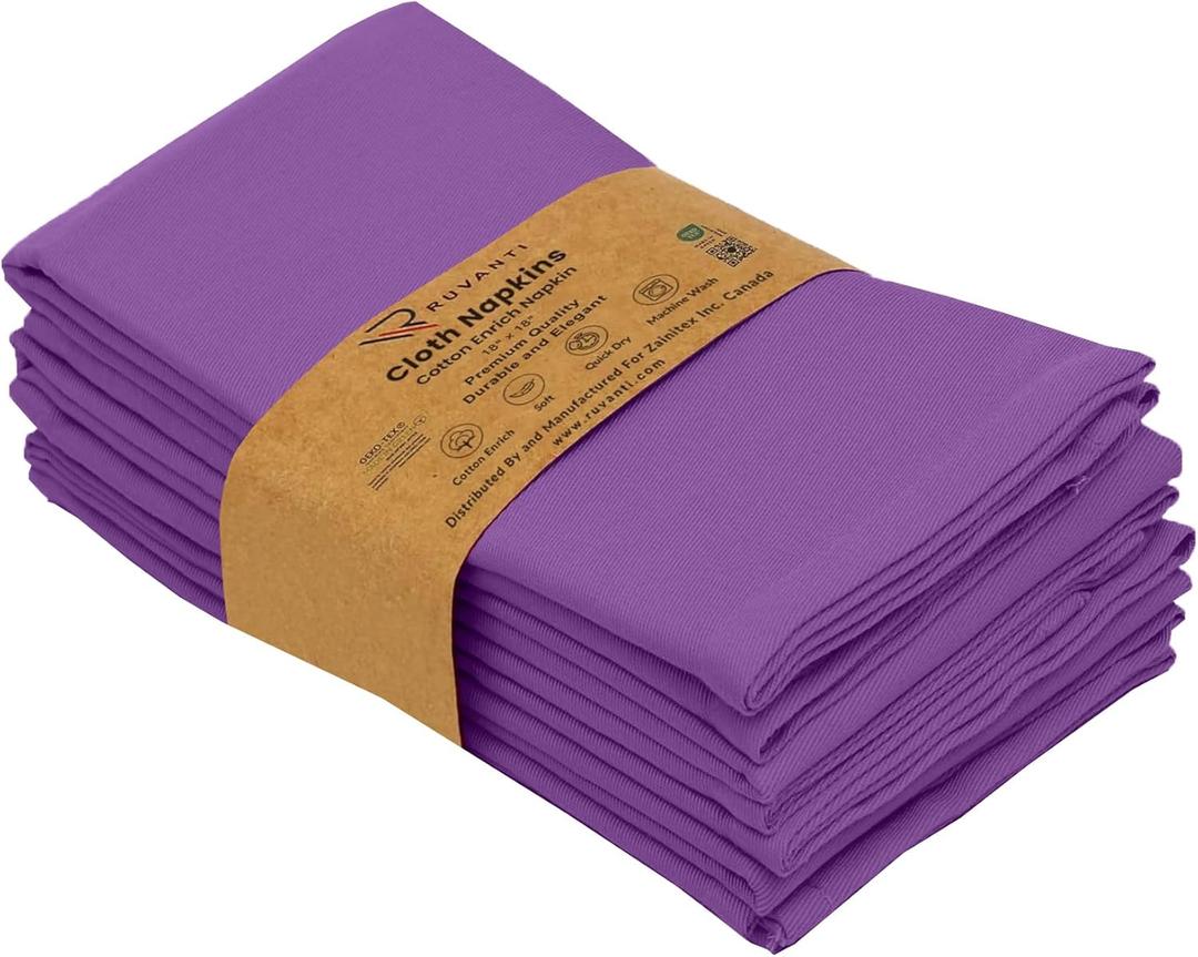 2 x Ruvanti Cloth Napkins Set of 6, 18x18 Inches Napkins Cloth Washable, Soft, Durable, Absorbent, Cotton Blend. Table Dinner Napkins Cloth for Hotel, Lunch, Restaurant, Wedding Parties - Purple