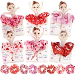 24 Pack Valentine's Day Gifts for Girls, Ballerina Cards with Satin Elastic Hair Scrunchies Set, Dance Recital Prizes Classroom Exchange Gifts