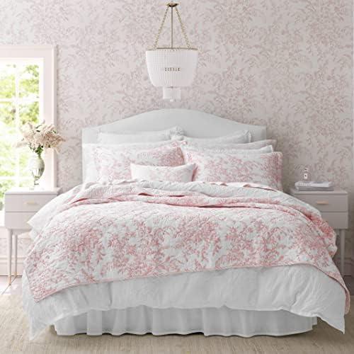 Laura Ashley - 90x90inch Quilt Set, Soft & Reversible Cotton Floral Bedding with a Medium Weight Feel, 3 Piece Bed Set with 21x27inch Matching Pillowcases (Bedford Pink)